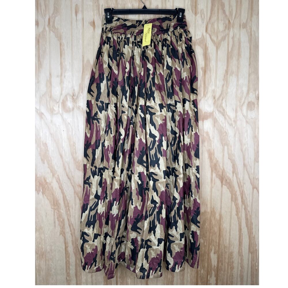 Mir Apparel Burgundy Black Tan Brown Maxi Flared Skirt Camo Pockets NWT One Size